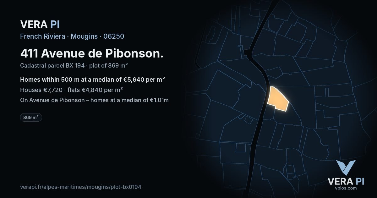 411 Avenue de Pibonson, Mougins at night – the plot lit, the parcels around coloured by the prices near them