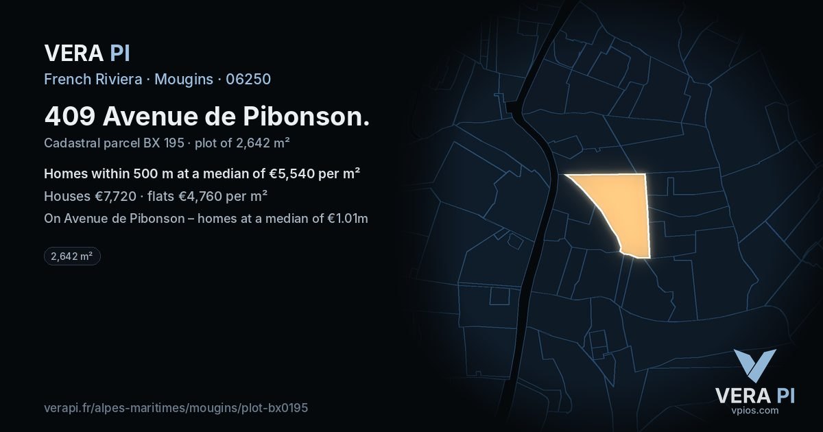 409 Avenue de Pibonson, Mougins at night – the plot lit, the parcels around coloured by the prices near them