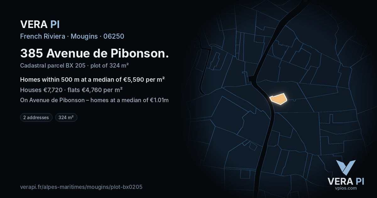 385 Avenue de Pibonson, Mougins at night – the plot lit, the parcels around coloured by the prices near them