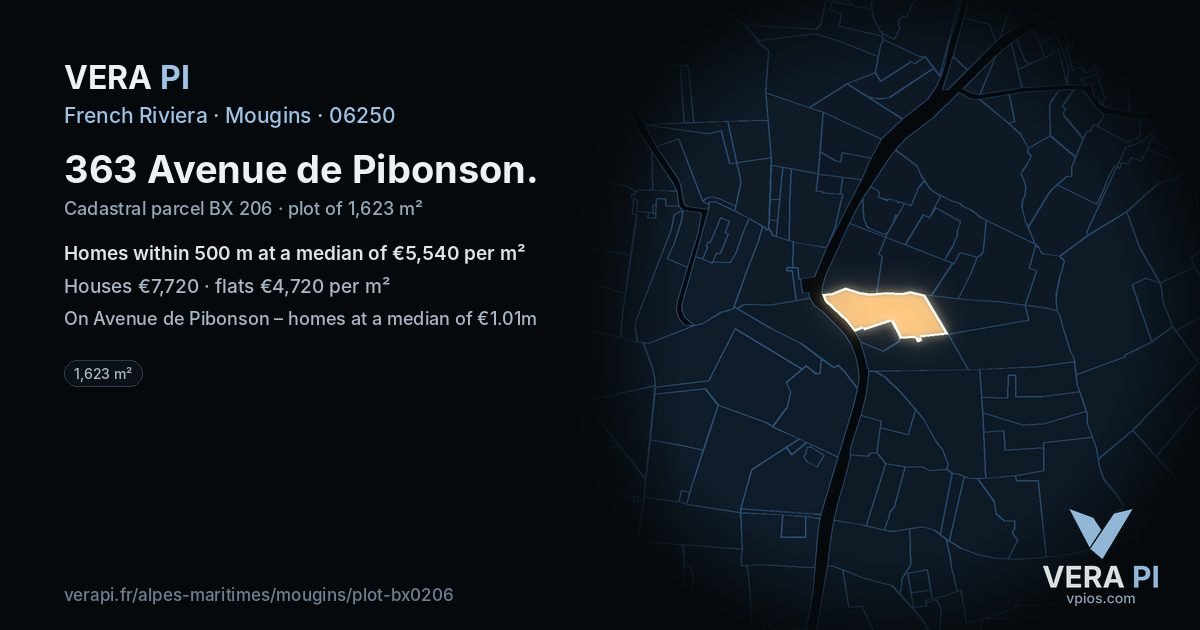 363 Avenue de Pibonson, Mougins at night – the plot lit, the parcels around coloured by the prices near them