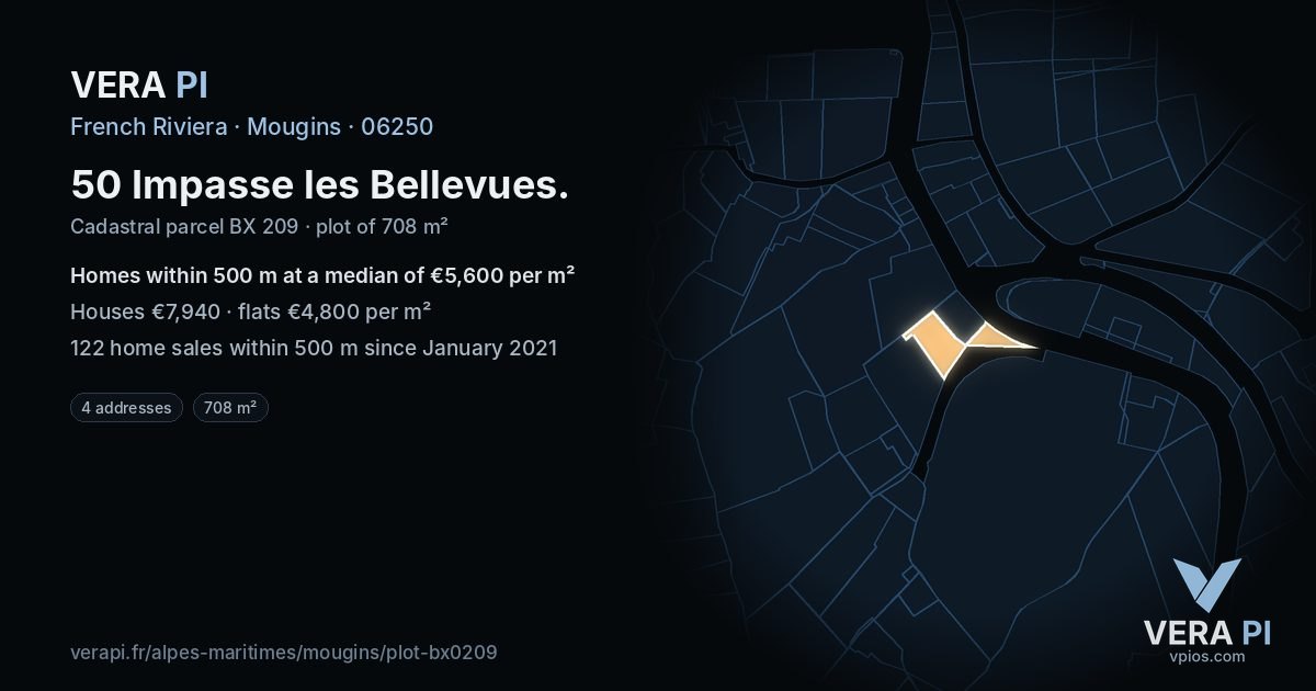 50 Impasse les Bellevues, Mougins at night – the plot lit, the parcels around coloured by the prices near them
