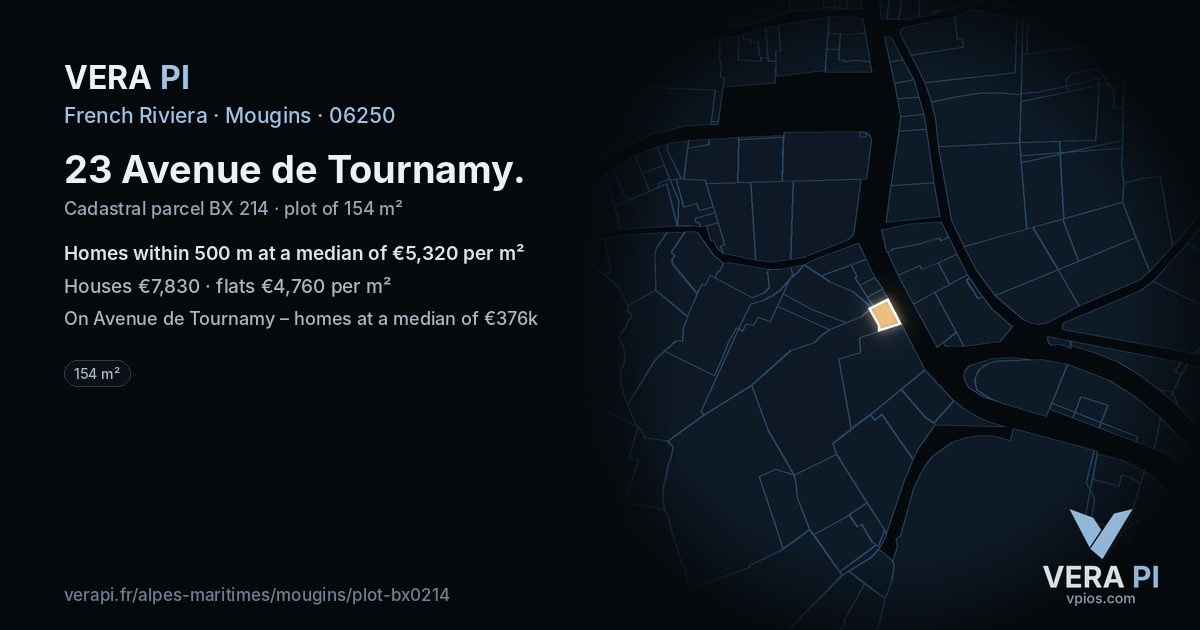 23 Avenue de Tournamy, Mougins at night – the plot lit, the parcels around coloured by the prices near them