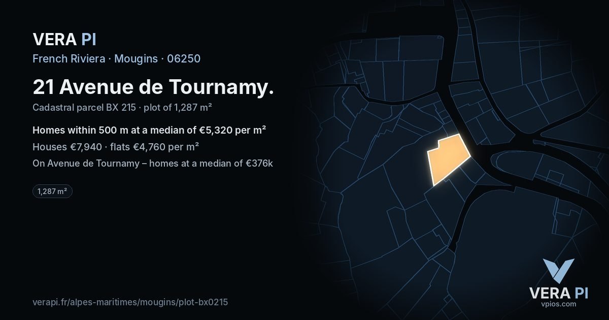 21 Avenue de Tournamy, Mougins at night – the plot lit, the parcels around coloured by the prices near them