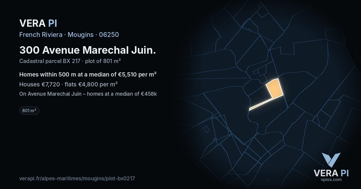 300 Avenue Marechal Juin, Mougins at night – the plot lit, the parcels around coloured by the prices near them