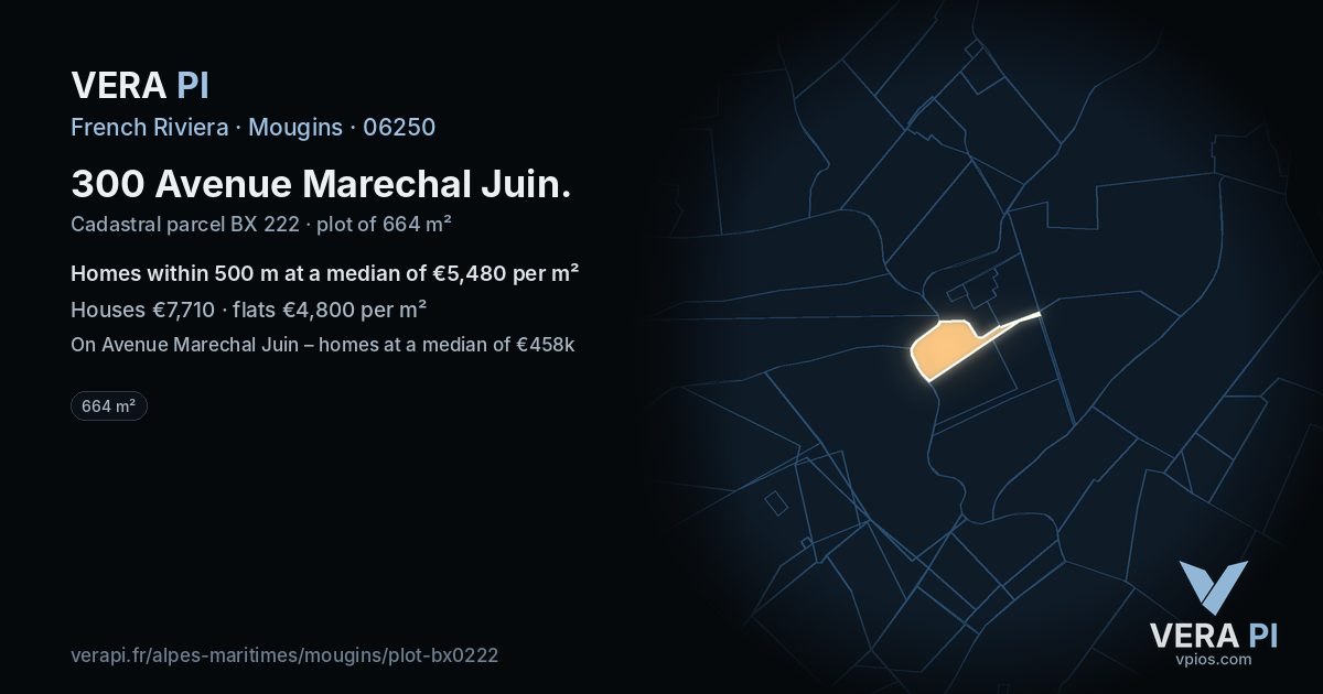 300 Avenue Marechal Juin, Mougins at night – the plot lit, the parcels around coloured by the prices near them