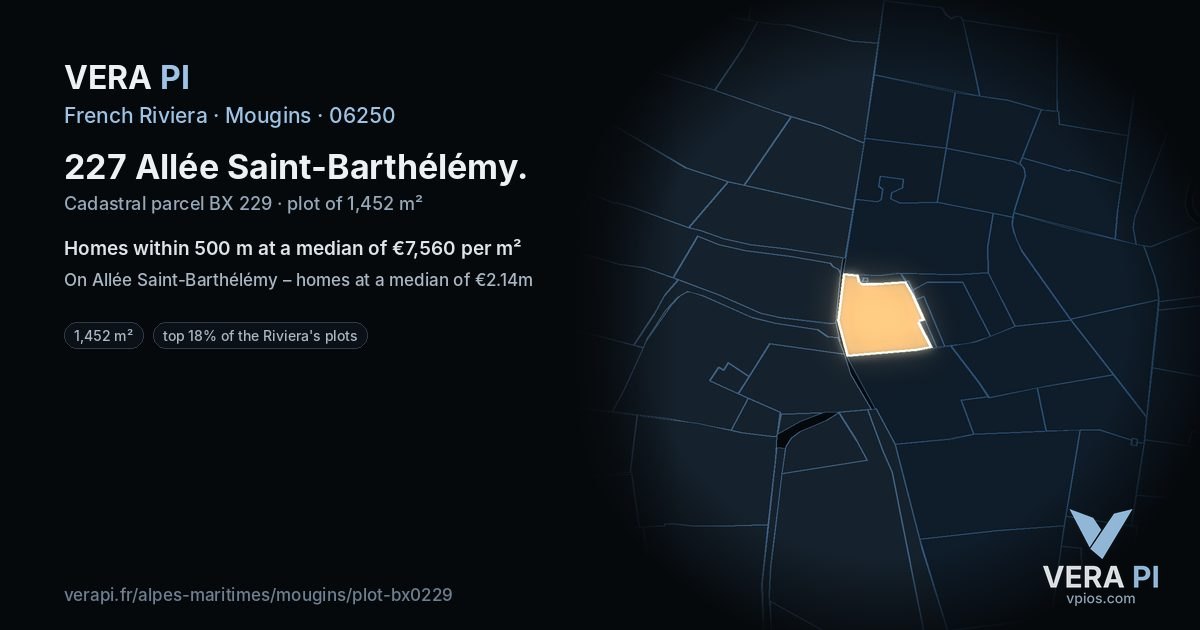 227 Allée Saint-Barthélémy, Mougins at night – the plot lit, the parcels around coloured by the prices near them