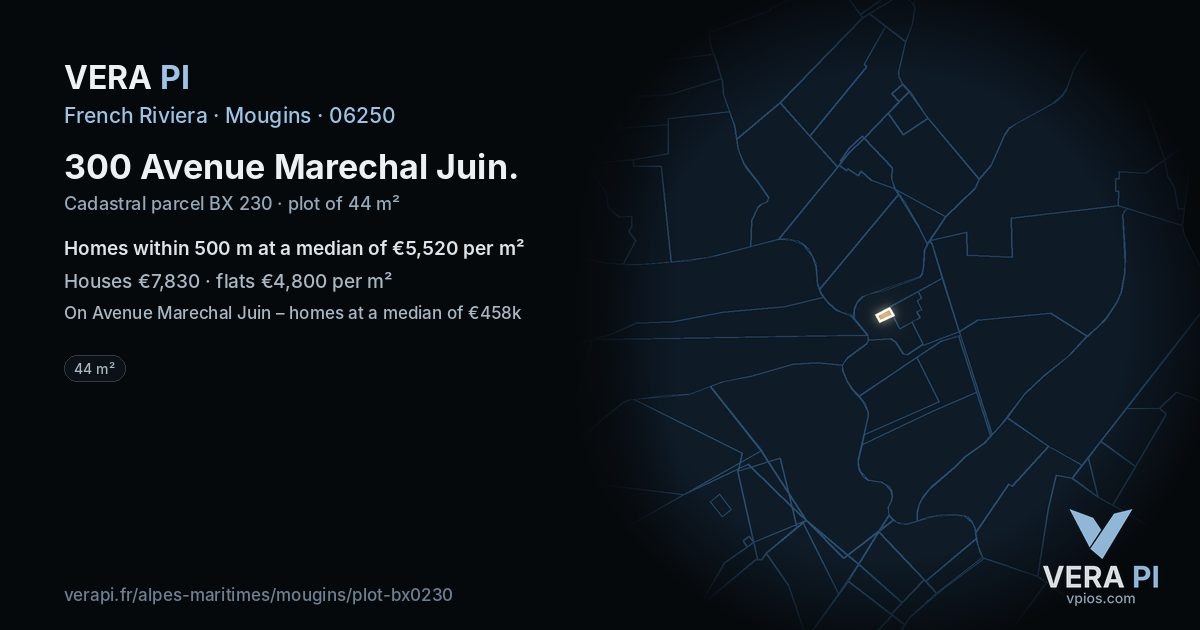 300 Avenue Marechal Juin, Mougins at night – the plot lit, the parcels around coloured by the prices near them