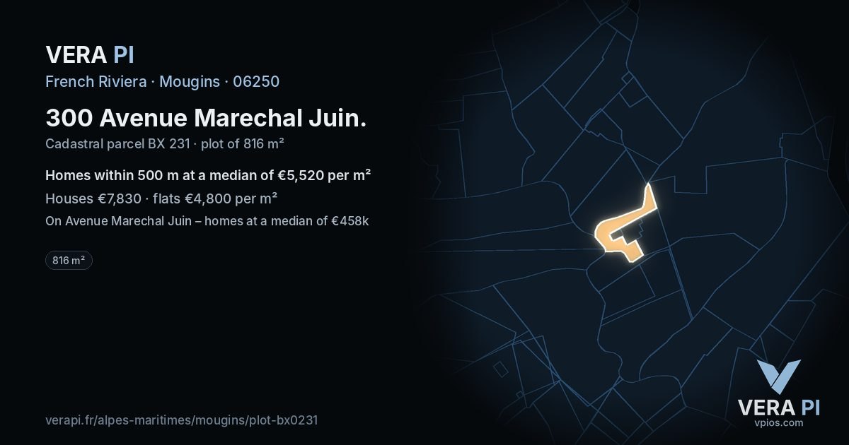 300 Avenue Marechal Juin, Mougins at night – the plot lit, the parcels around coloured by the prices near them