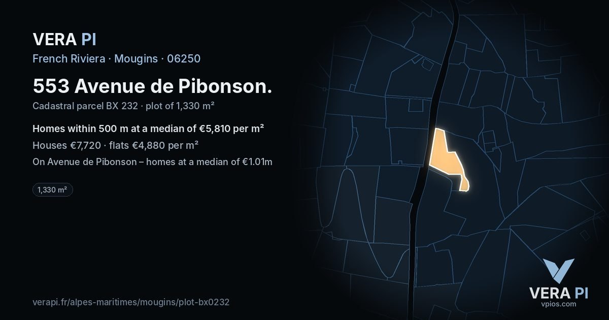 553 Avenue de Pibonson, Mougins at night – the plot lit, the parcels around coloured by the prices near them