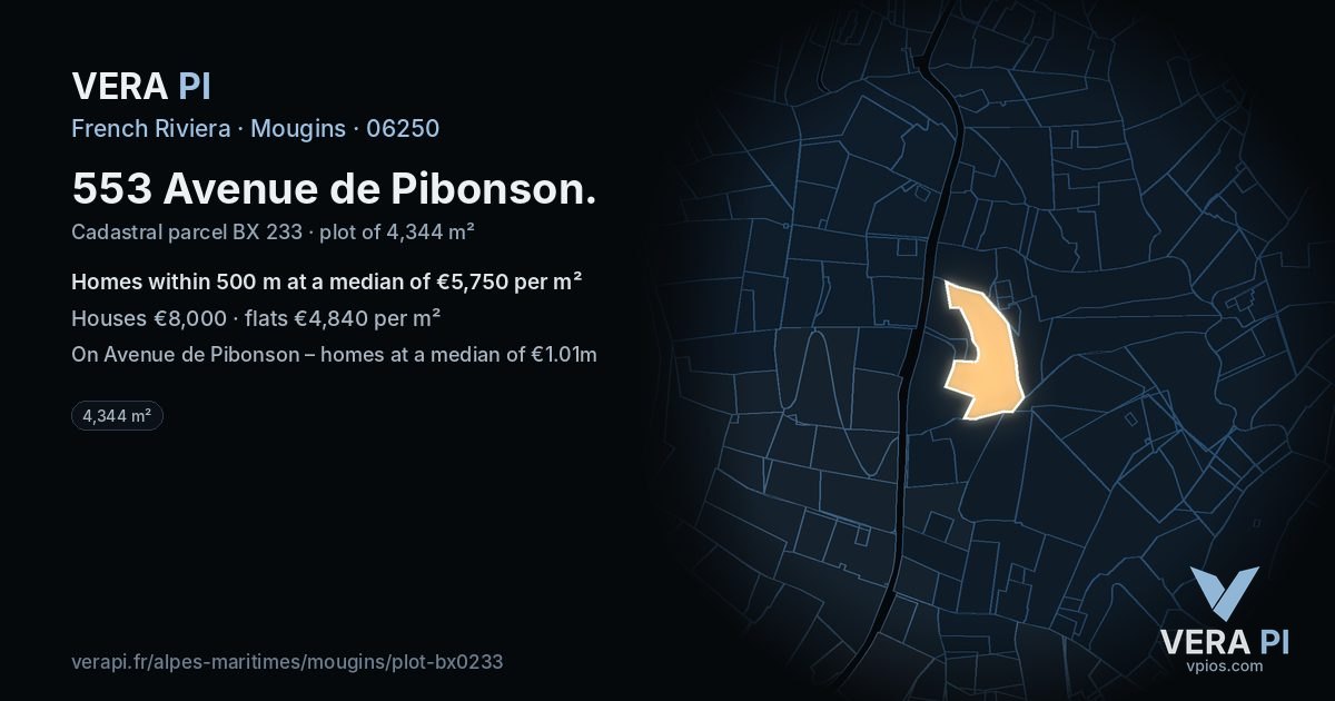 553 Avenue de Pibonson, Mougins at night – the plot lit, the parcels around coloured by the prices near them