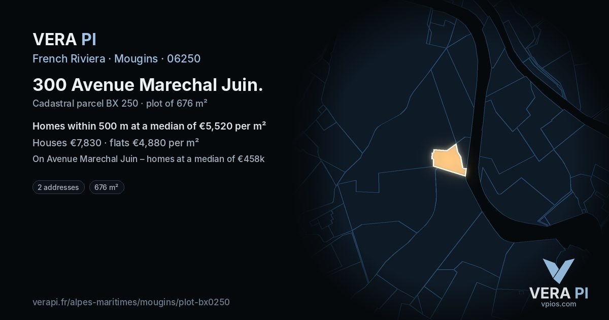 300 Avenue Marechal Juin, Mougins at night – the plot lit, the parcels around coloured by the prices near them