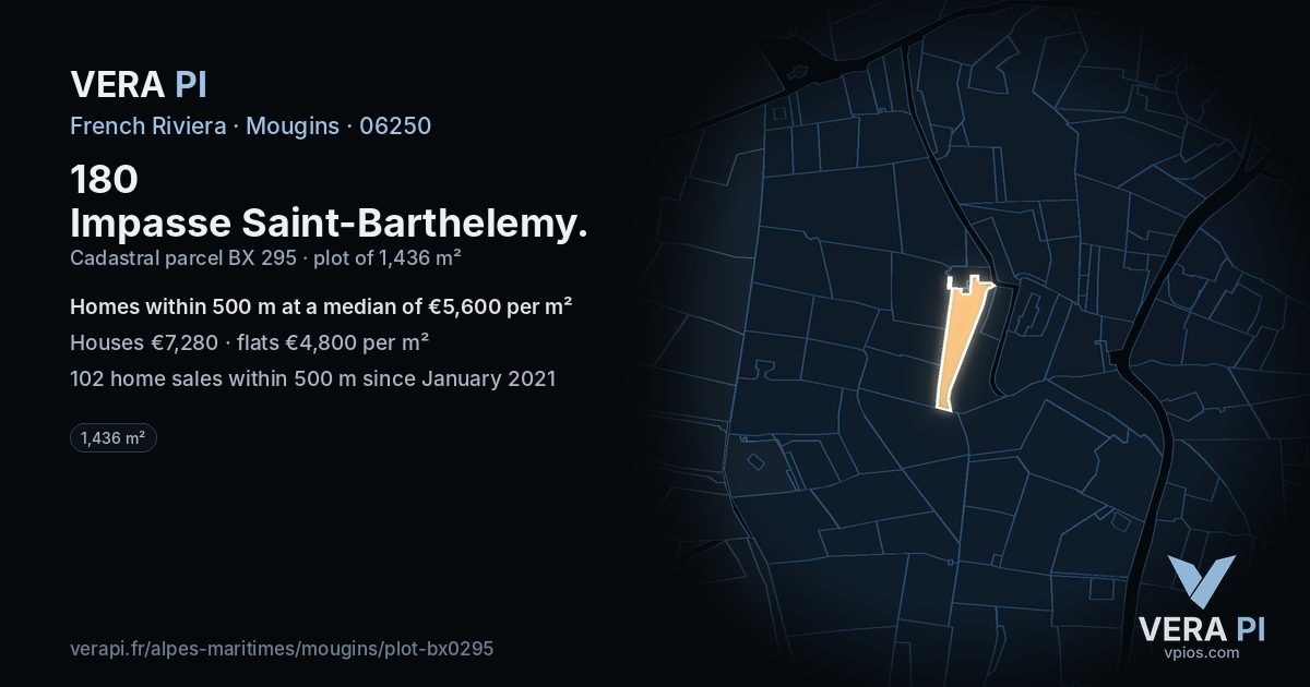 180 Impasse Saint-Barthelemy, Mougins at night – the plot lit, the parcels around coloured by the prices near them