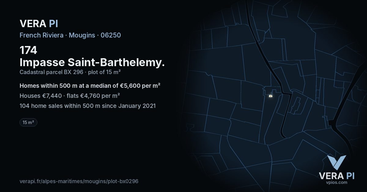 174 Impasse Saint-Barthelemy, Mougins at night – the plot lit, the parcels around coloured by the prices near them