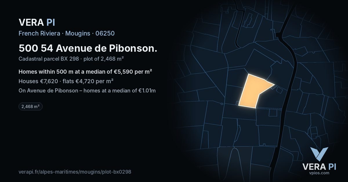 500 54 Avenue de Pibonson, Mougins at night – the plot lit, the parcels around coloured by the prices near them
