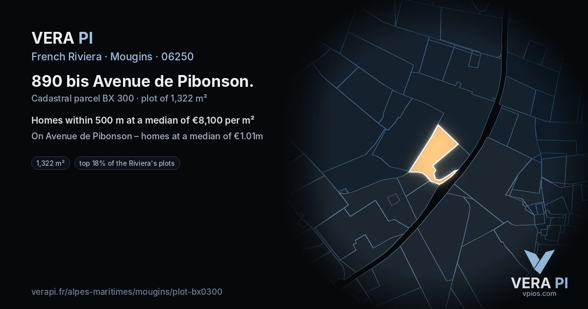 890 bis Avenue de Pibonson, Mougins at night – the plot lit, the parcels around coloured by the prices near them