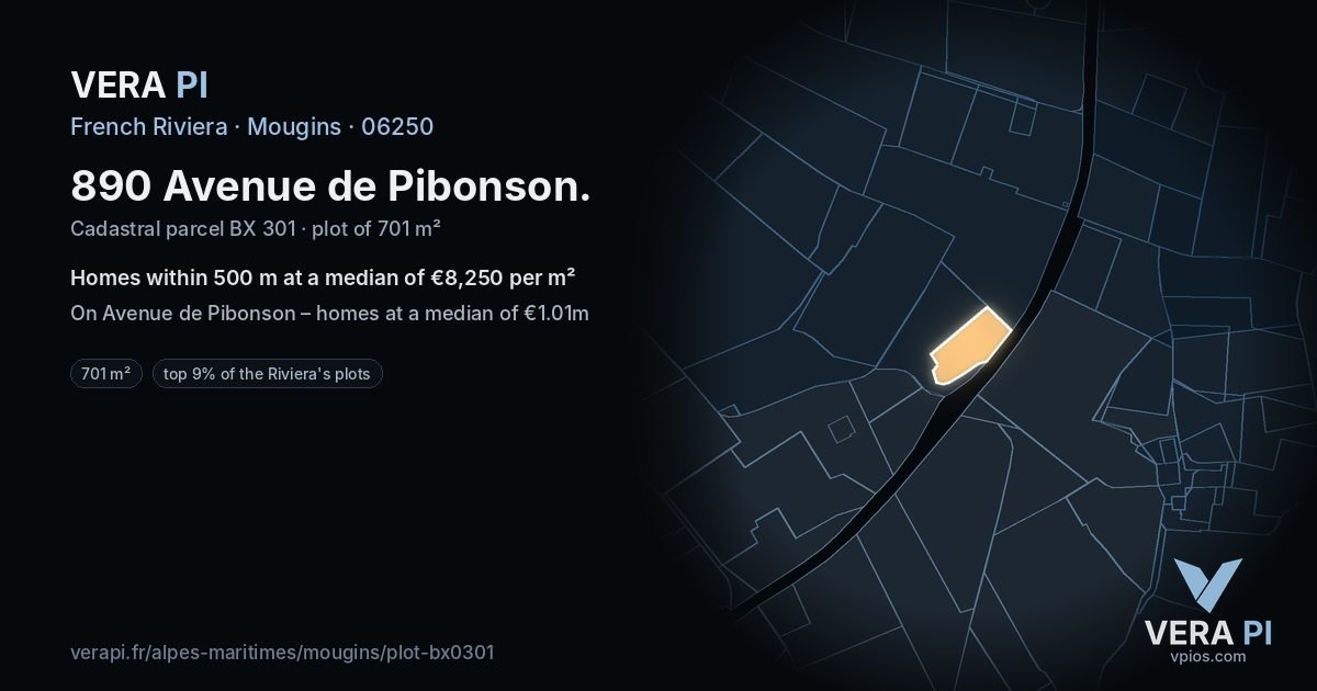 890 Avenue de Pibonson, Mougins at night – the plot lit, the parcels around coloured by the prices near them