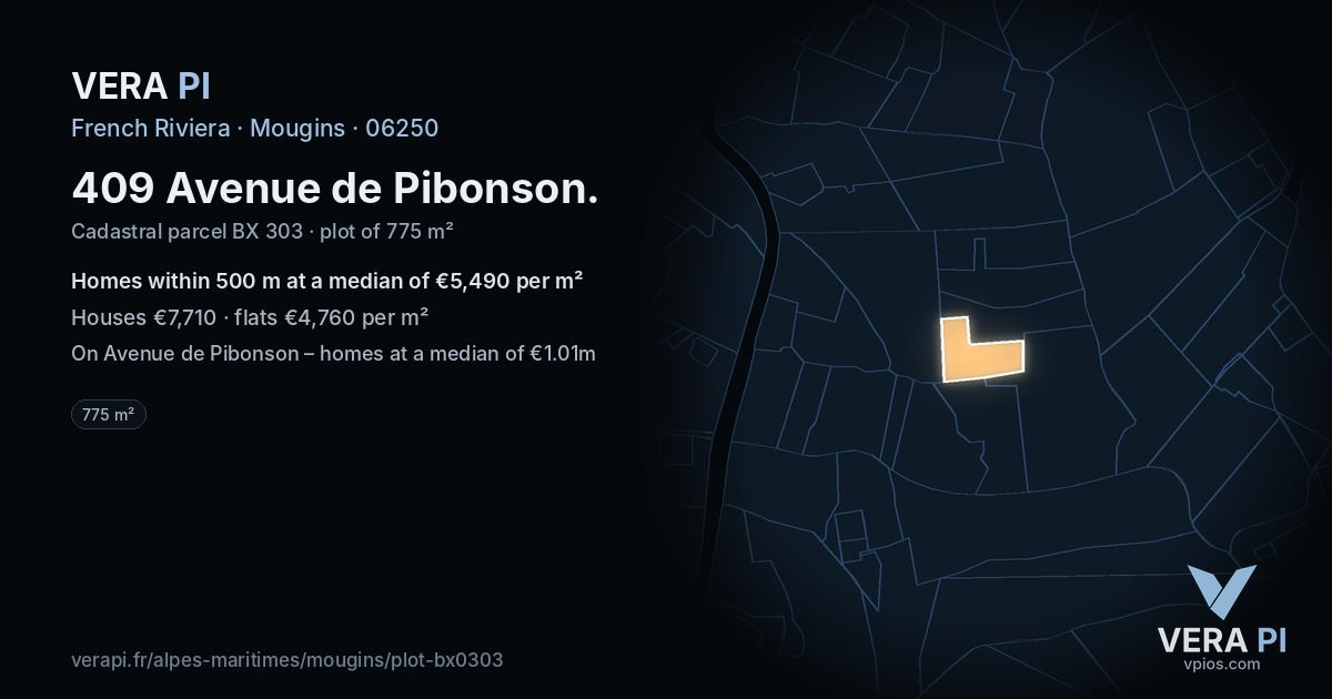409 Avenue de Pibonson, Mougins at night – the plot lit, the parcels around coloured by the prices near them