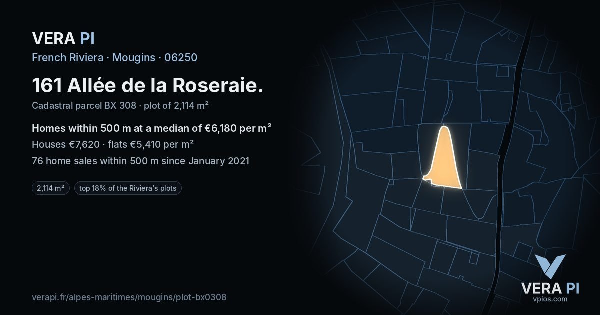 161 Allée de la Roseraie, Mougins at night – the plot lit, the parcels around coloured by the prices near them