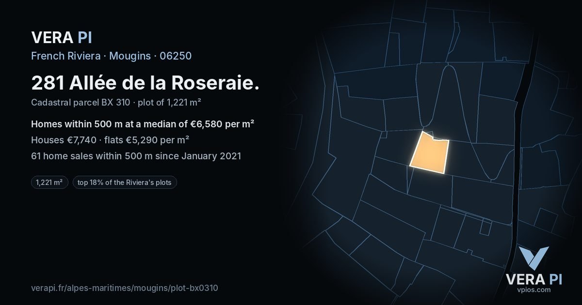 281 Allée de la Roseraie, Mougins at night – the plot lit, the parcels around coloured by the prices near them