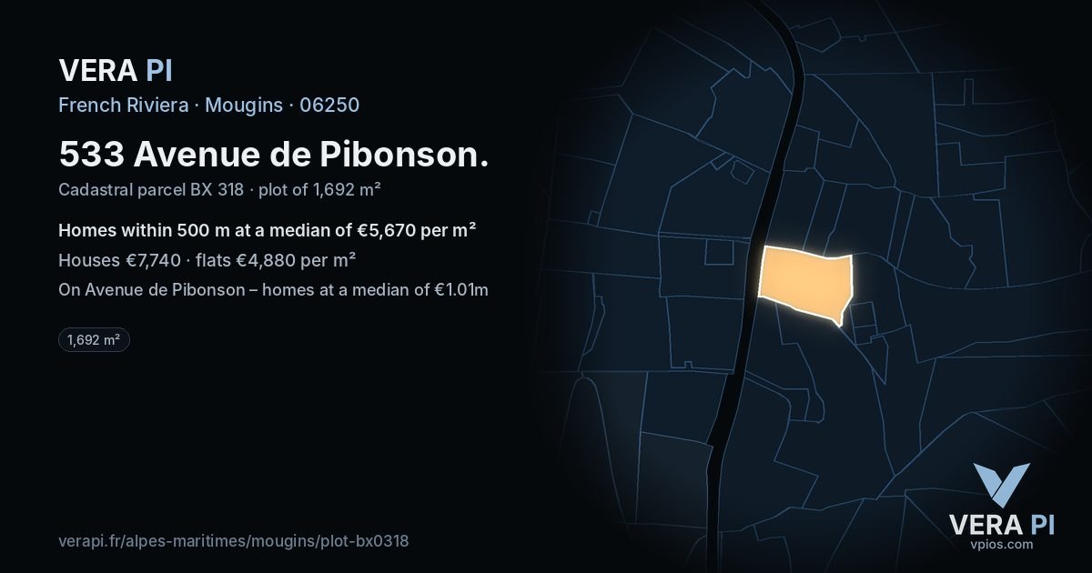 533 Avenue de Pibonson, Mougins at night – the plot lit, the parcels around coloured by the prices near them