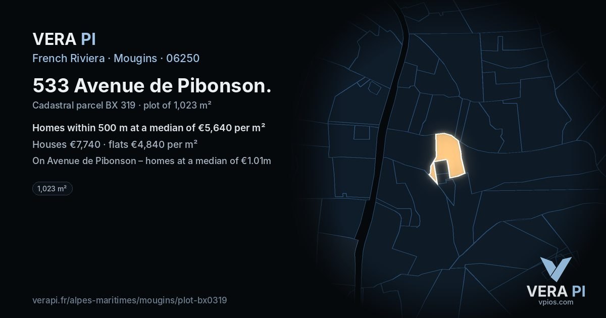 533 Avenue de Pibonson, Mougins at night – the plot lit, the parcels around coloured by the prices near them