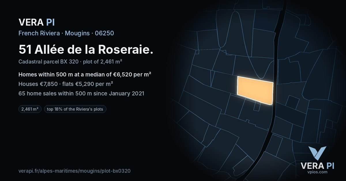 51 Allée de la Roseraie, Mougins at night – the plot lit, the parcels around coloured by the prices near them