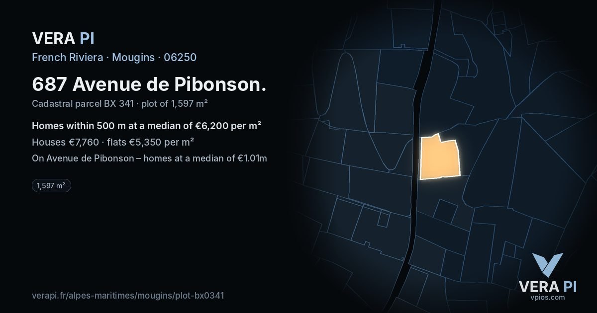 687 Avenue de Pibonson, Mougins at night – the plot lit, the parcels around coloured by the prices near them