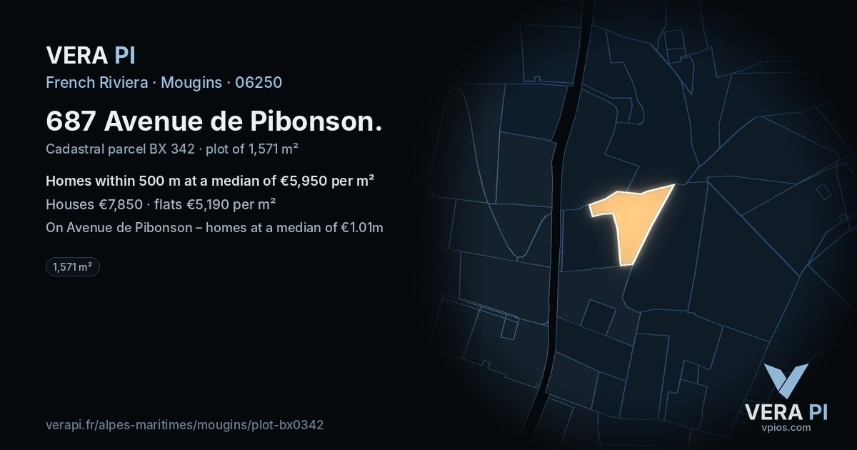 687 Avenue de Pibonson, Mougins at night – the plot lit, the parcels around coloured by the prices near them