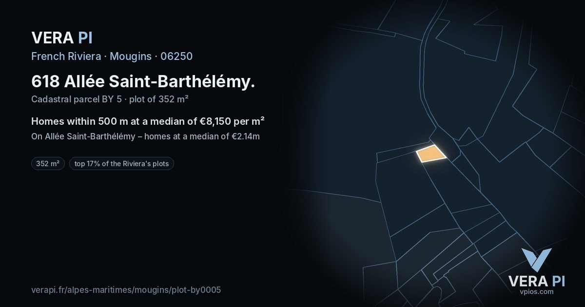 618 Allée Saint-Barthélémy, Mougins at night – the plot lit, the parcels around coloured by the prices near them
