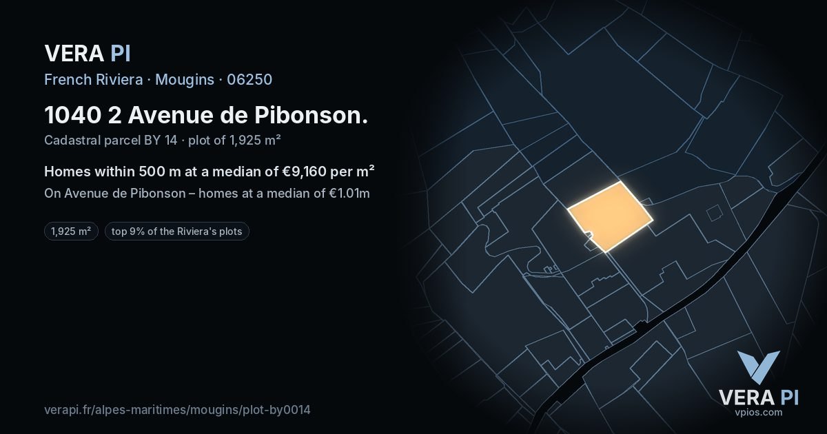 1040 2 Avenue de Pibonson, Mougins at night – the plot lit, the parcels around coloured by the prices near them