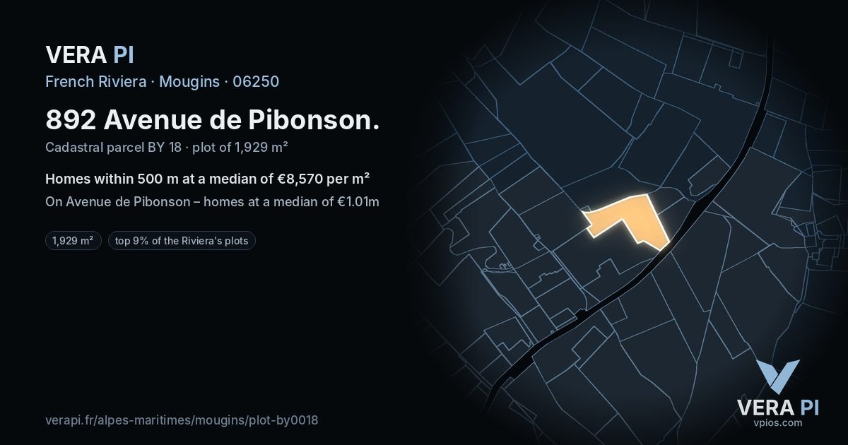 892 Avenue de Pibonson, Mougins at night – the plot lit, the parcels around coloured by the prices near them