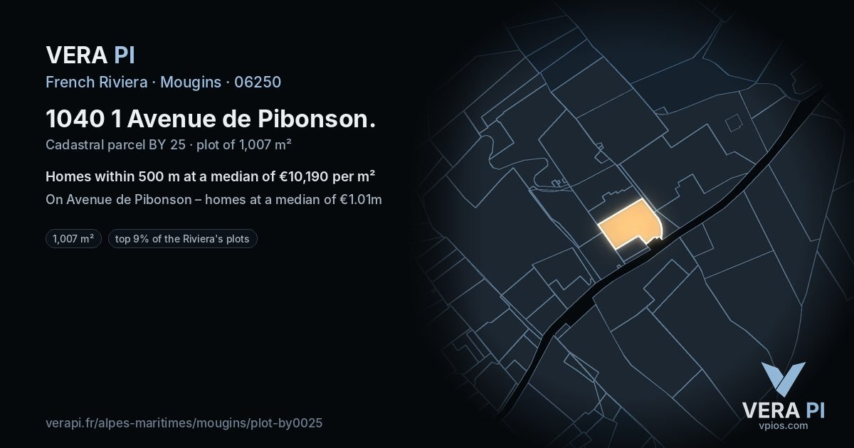 1040 1 Avenue de Pibonson, Mougins at night – the plot lit, the parcels around coloured by the prices near them