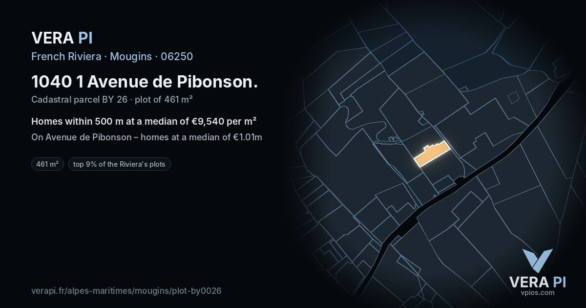 1040 1 Avenue de Pibonson, Mougins at night – the plot lit, the parcels around coloured by the prices near them