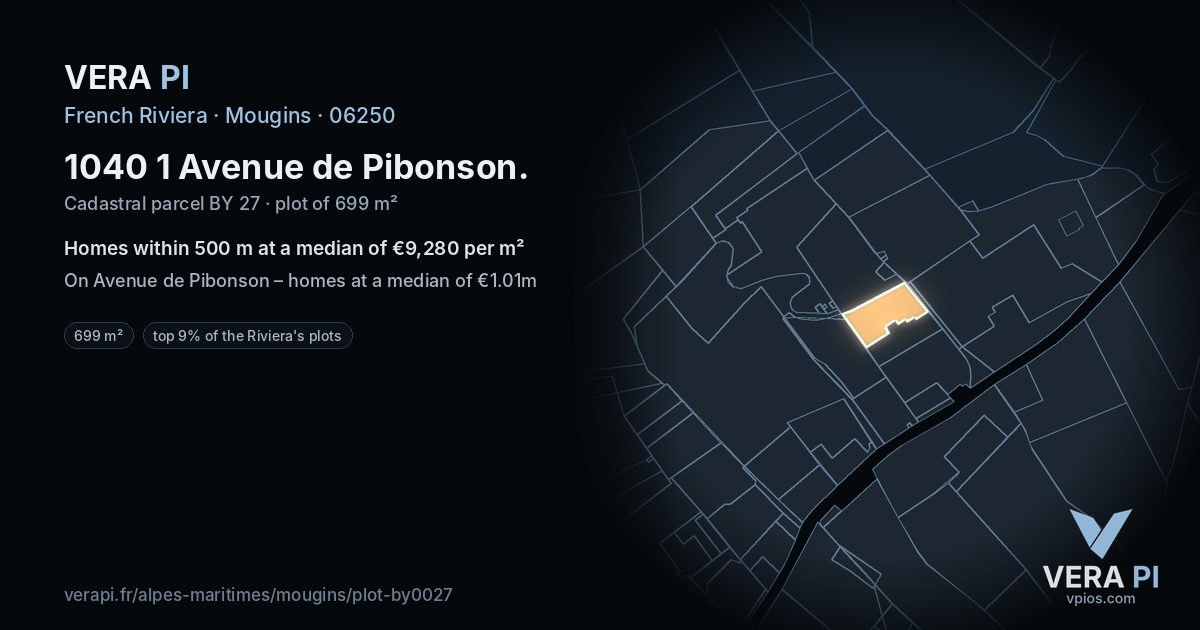 1040 1 Avenue de Pibonson, Mougins at night – the plot lit, the parcels around coloured by the prices near them