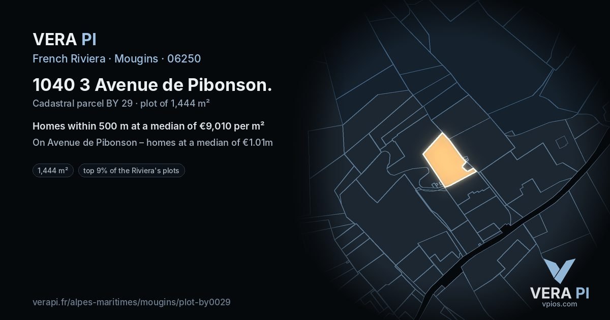 1040 3 Avenue de Pibonson, Mougins at night – the plot lit, the parcels around coloured by the prices near them