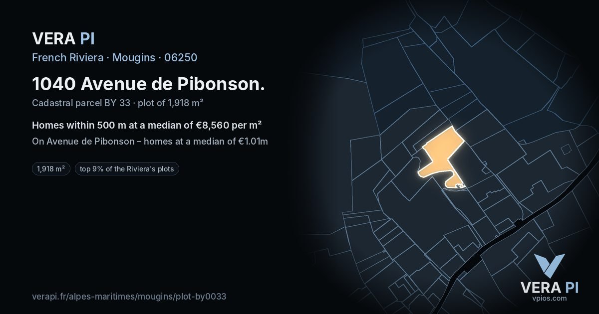 1040 Avenue de Pibonson, Mougins at night – the plot lit, the parcels around coloured by the prices near them