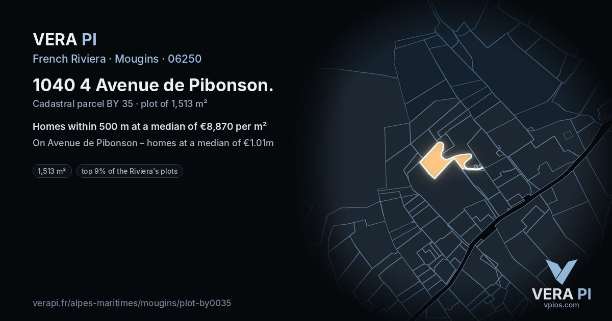 1040 4 Avenue de Pibonson, Mougins at night – the plot lit, the parcels around coloured by the prices near them