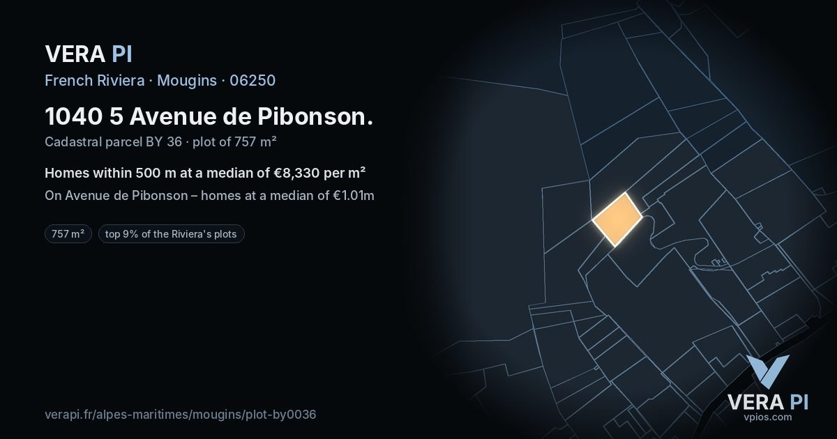 1040 5 Avenue de Pibonson, Mougins at night – the plot lit, the parcels around coloured by the prices near them