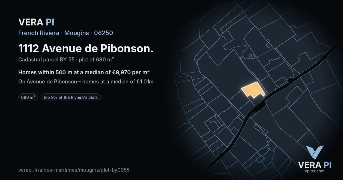1112 Avenue de Pibonson, Mougins at night – the plot lit, the parcels around coloured by the prices near them