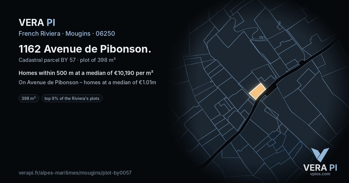 1162 Avenue de Pibonson, Mougins at night – the plot lit, the parcels around coloured by the prices near them