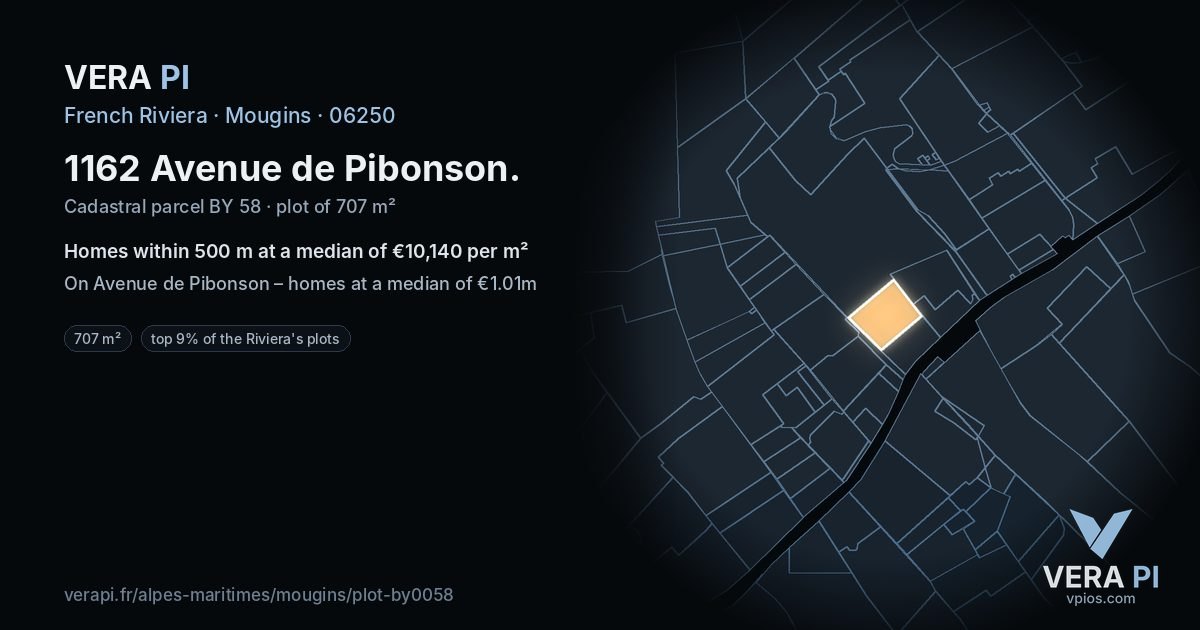 1162 Avenue de Pibonson, Mougins at night – the plot lit, the parcels around coloured by the prices near them