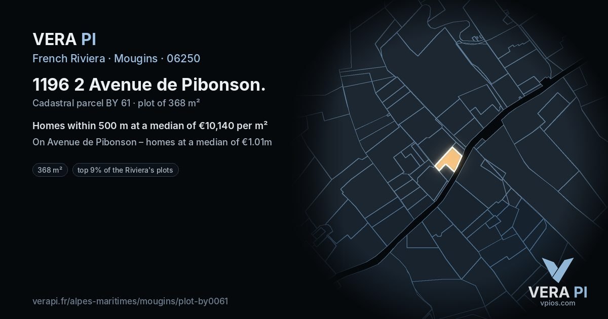1196 2 Avenue de Pibonson, Mougins at night – the plot lit, the parcels around coloured by the prices near them