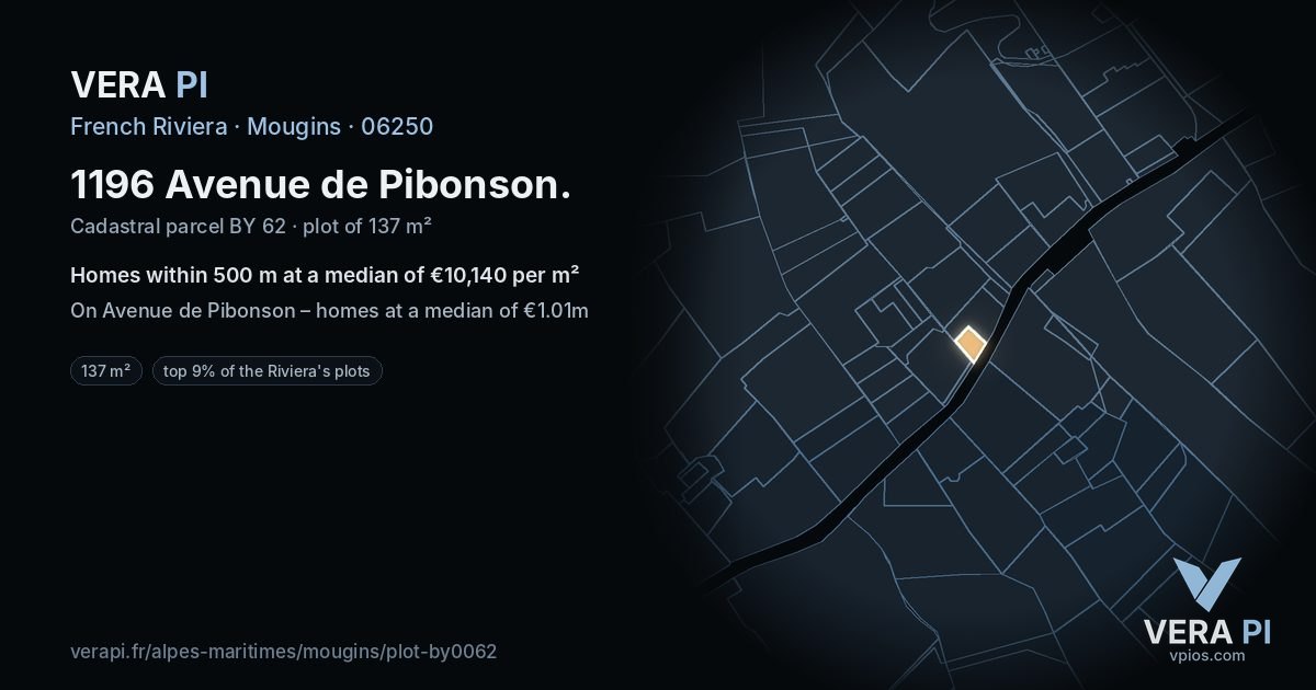 1196 Avenue de Pibonson, Mougins at night – the plot lit, the parcels around coloured by the prices near them