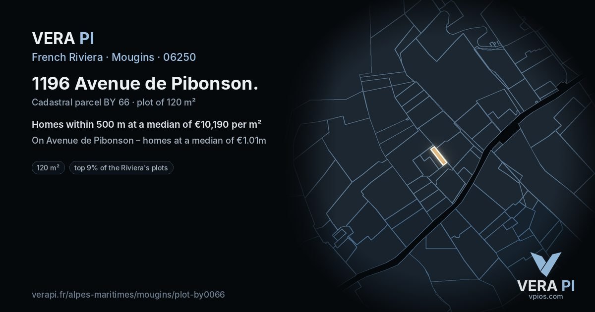 1196 Avenue de Pibonson, Mougins at night – the plot lit, the parcels around coloured by the prices near them