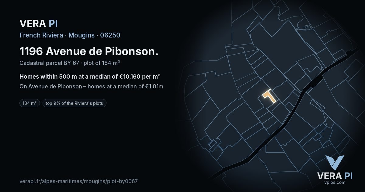 1196 Avenue de Pibonson, Mougins at night – the plot lit, the parcels around coloured by the prices near them