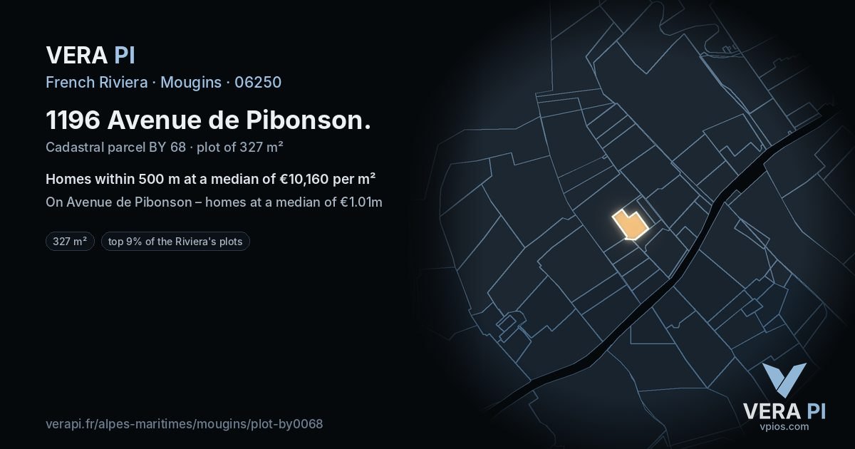 1196 Avenue de Pibonson, Mougins at night – the plot lit, the parcels around coloured by the prices near them