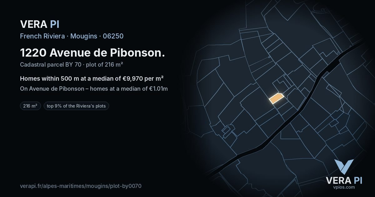 1220 Avenue de Pibonson, Mougins at night – the plot lit, the parcels around coloured by the prices near them