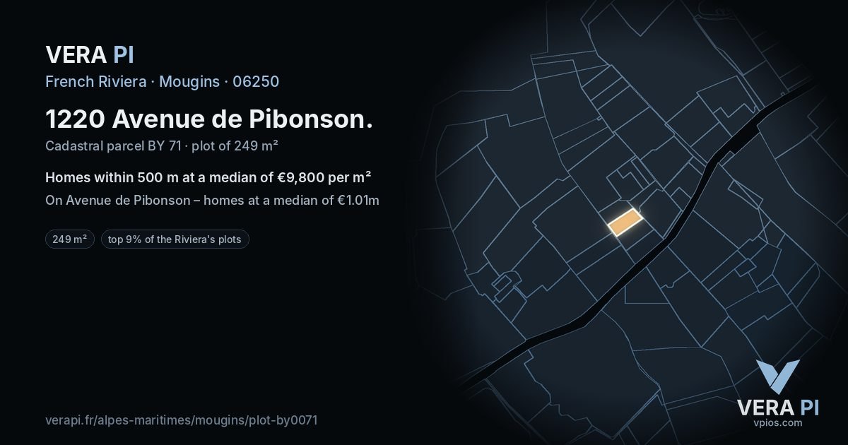 1220 Avenue de Pibonson, Mougins at night – the plot lit, the parcels around coloured by the prices near them