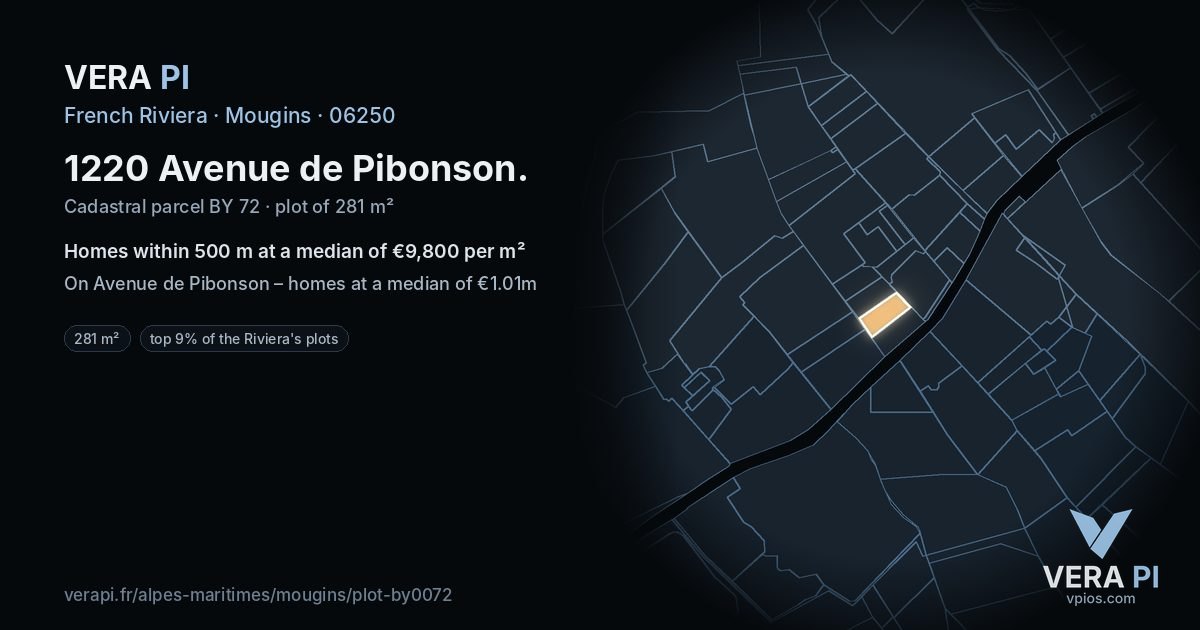 1220 Avenue de Pibonson, Mougins at night – the plot lit, the parcels around coloured by the prices near them
