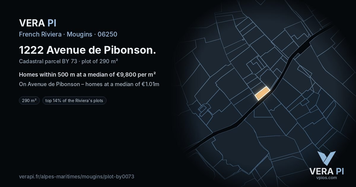 1222 Avenue de Pibonson, Mougins at night – the plot lit, the parcels around coloured by the prices near them